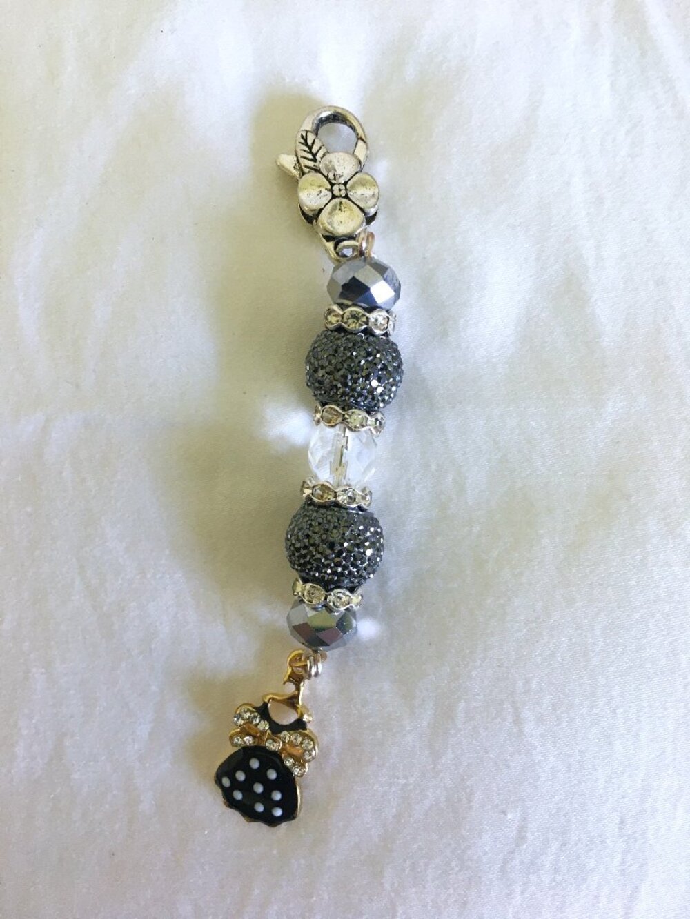 Black Polka Dot Dress Purse Charm with Sparkle Beads